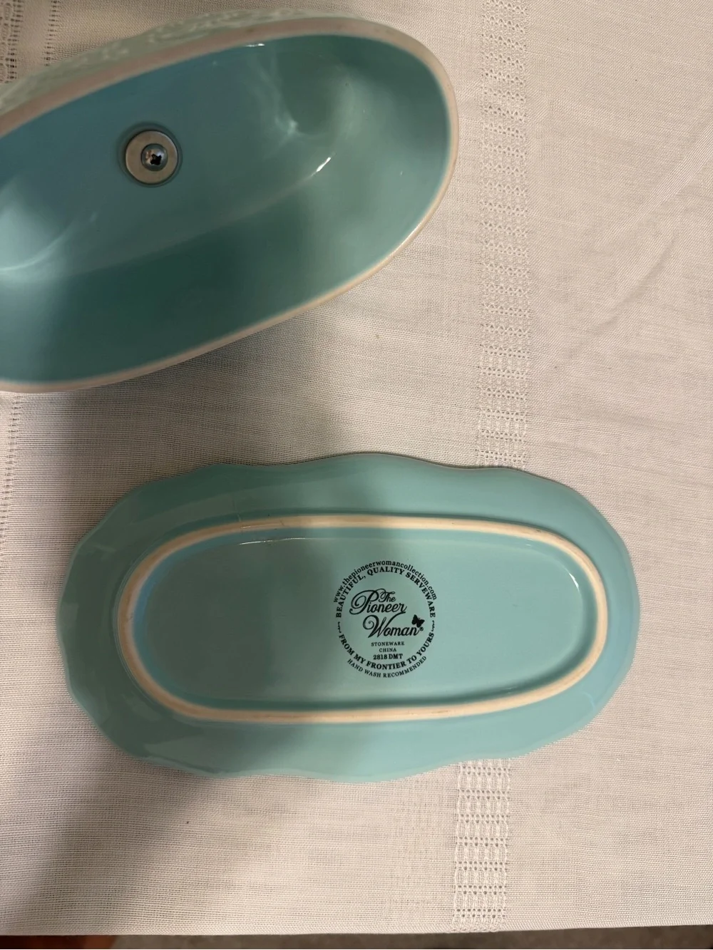 Pioneer Woman Blue Embossed Ceramic Butter Dish with Glass Knob